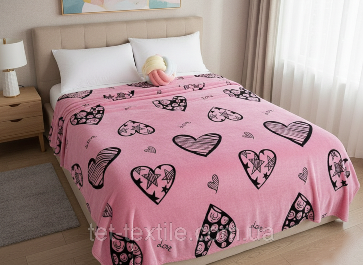 Плед з мікрофібри Велсофт Чорні серця на рожевому 200х220 см