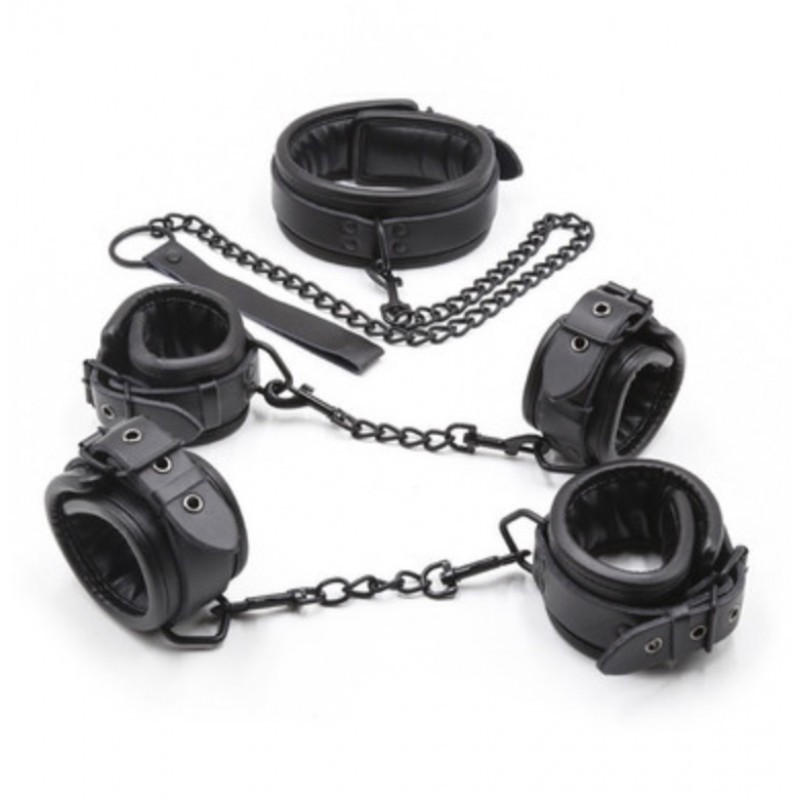 БДСМ комплект, набір бдсм Bdsm4u чорний екошкіра нашийник наручники наножники на ланцюгу, фото 1