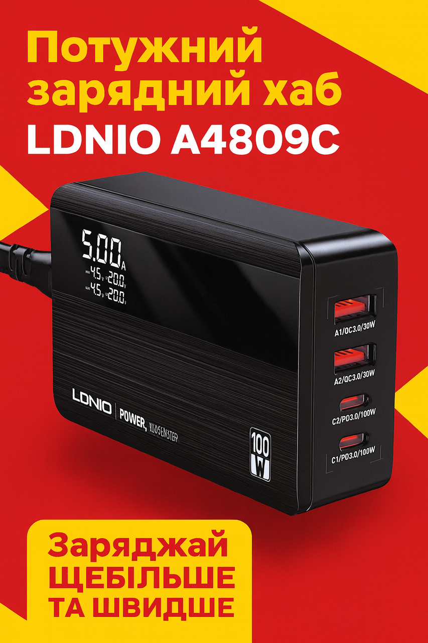 Швидкий зарядний пристрій USB C LDNIO 100 Вт GaN USB C, фото 1