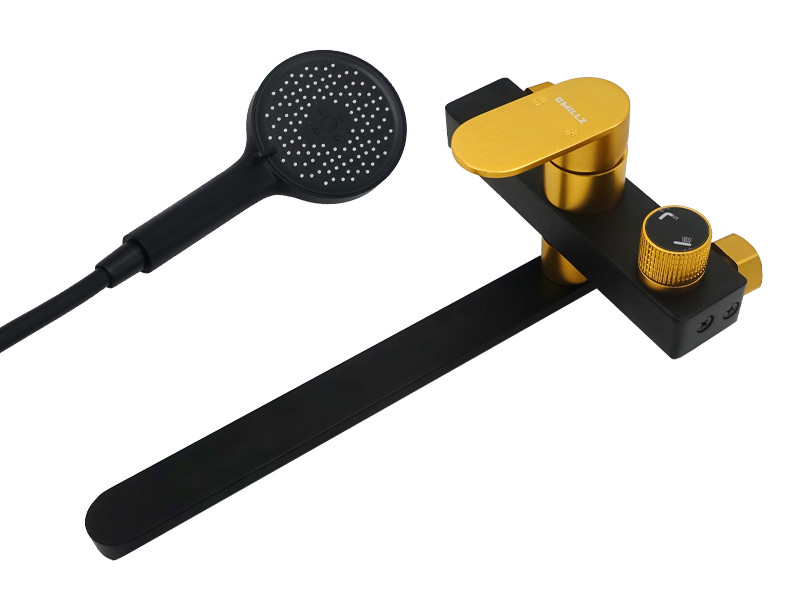 Змішувач для ванни MILLZ чорний-золото MRS-AL-F10 (Black&Gold) , поворотний вилив, алюміній, комплект душу