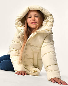 Зимова куртка для дівчинки дитяча пуховик з капюшоном довга молочна