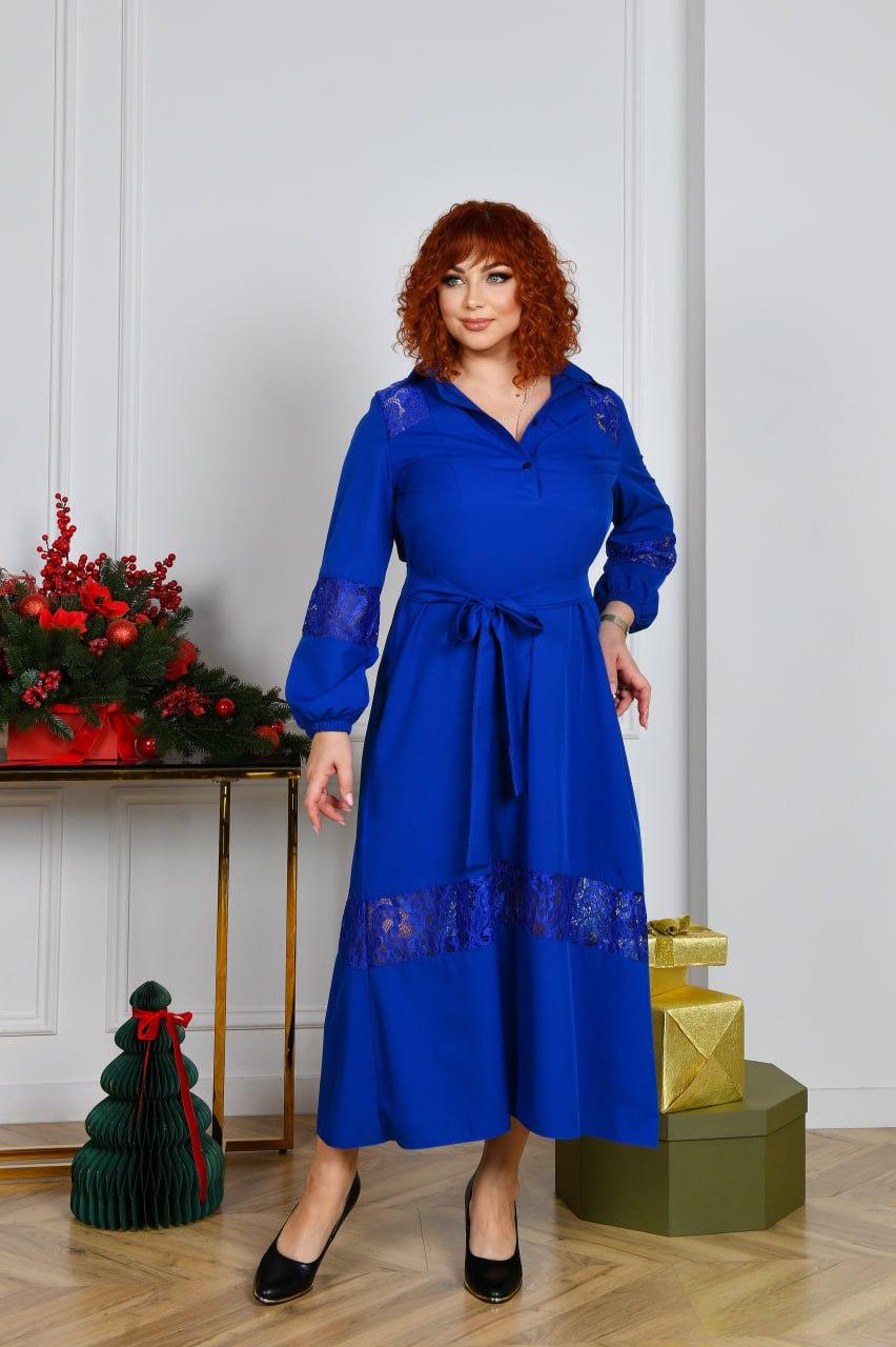 Сукня з широкою спідницею гіпюрові вставки колір електрик