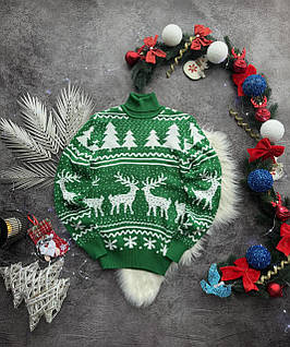 Свитера новогодние для пары с оленями и елочками с горлом теплый вязаный Рождественский гольф унисекс на подарок