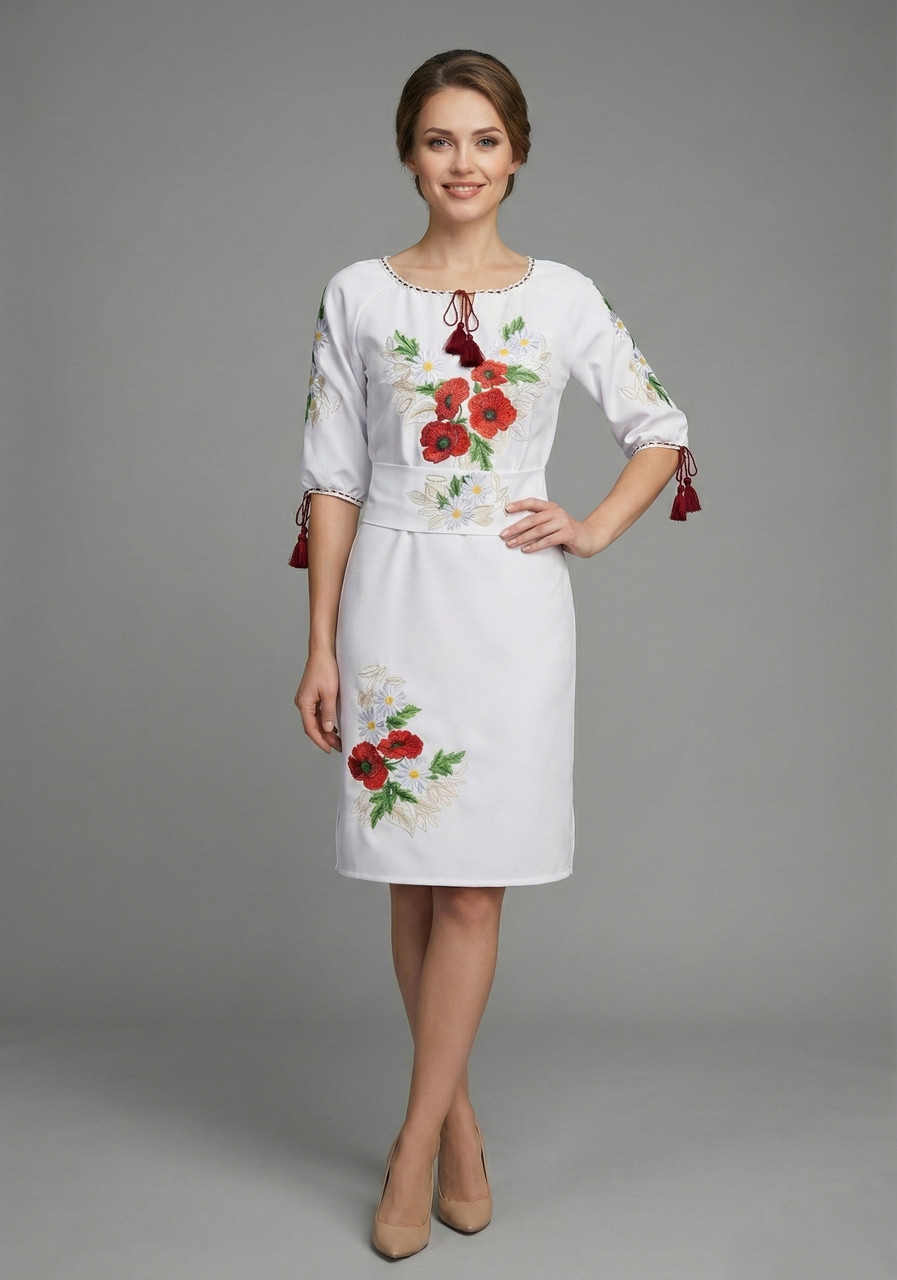 Вишита сукня «Маки та Ромашки» на тканині Мадонна