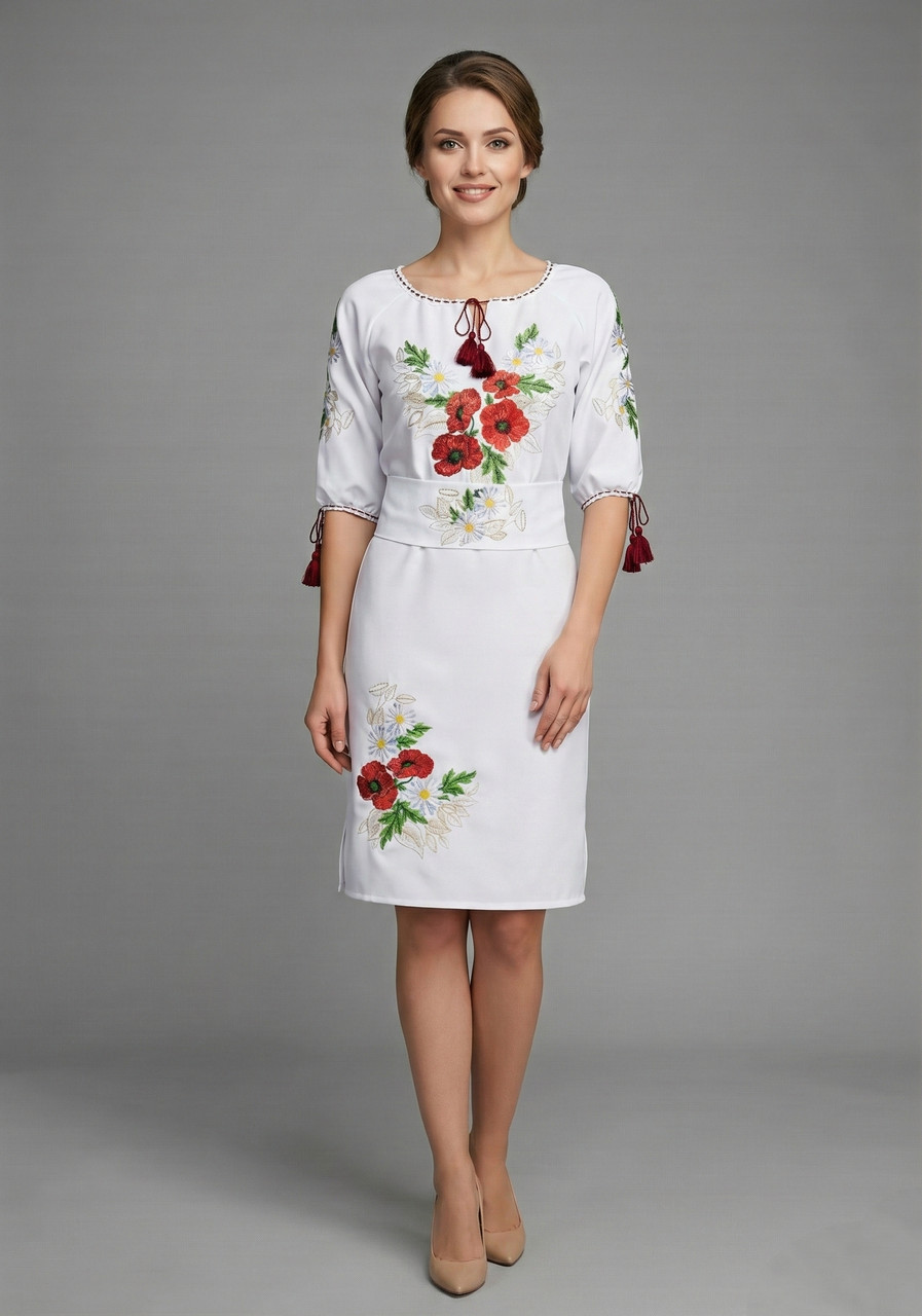 Підліткове вишите плаття для дівчини в білому кольорі в етностичному стилі «Мак ромашка»