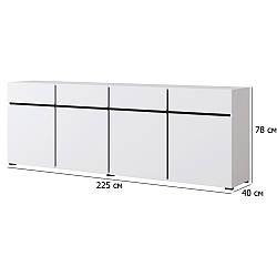Довгий комод у вітальню Cross 225 см білий та чорний з дверцятами та шухлядами без ручок у сучасному стилі