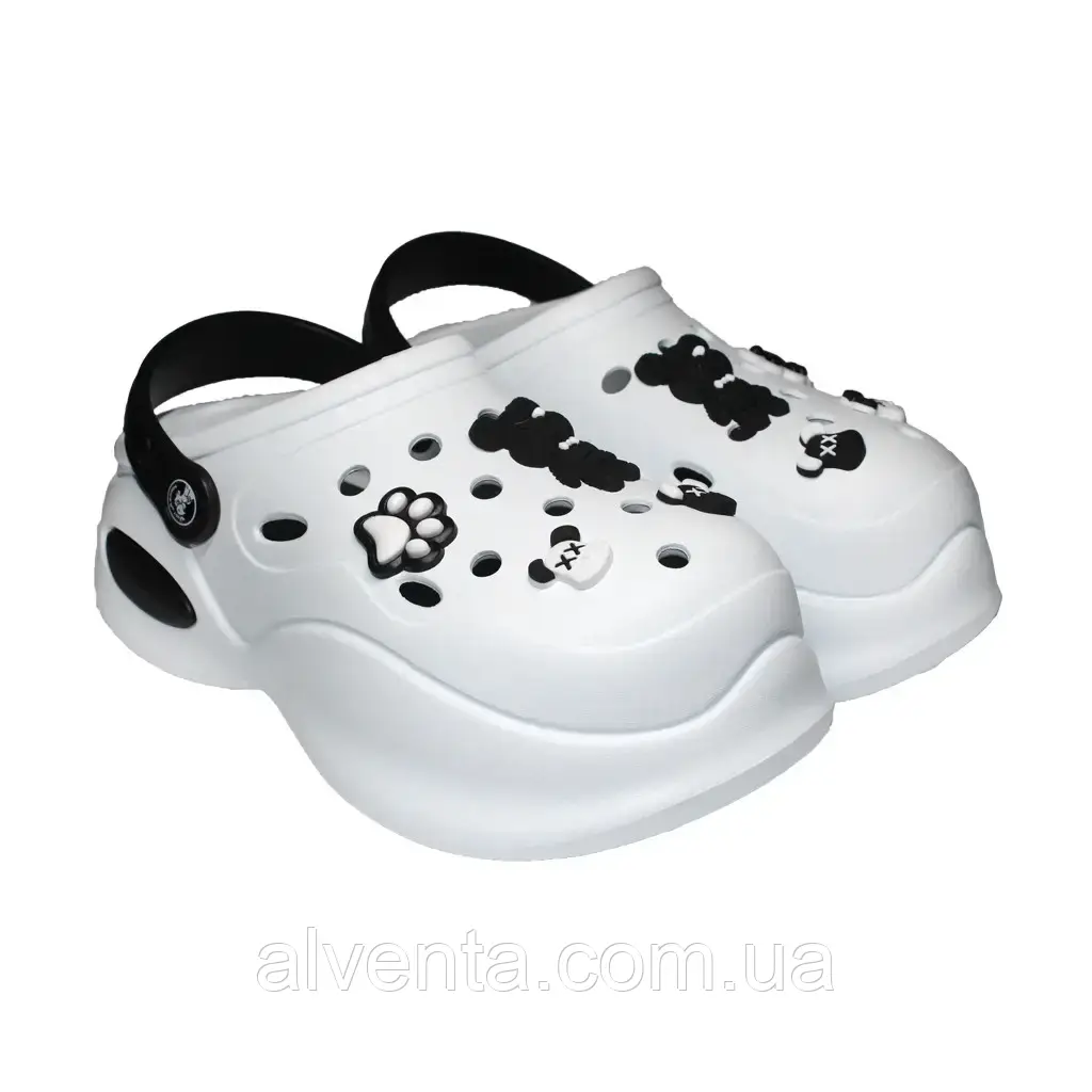 Сабо крокси ЕВА жіночі на танкетці Біло-Чорні з ведмедиками