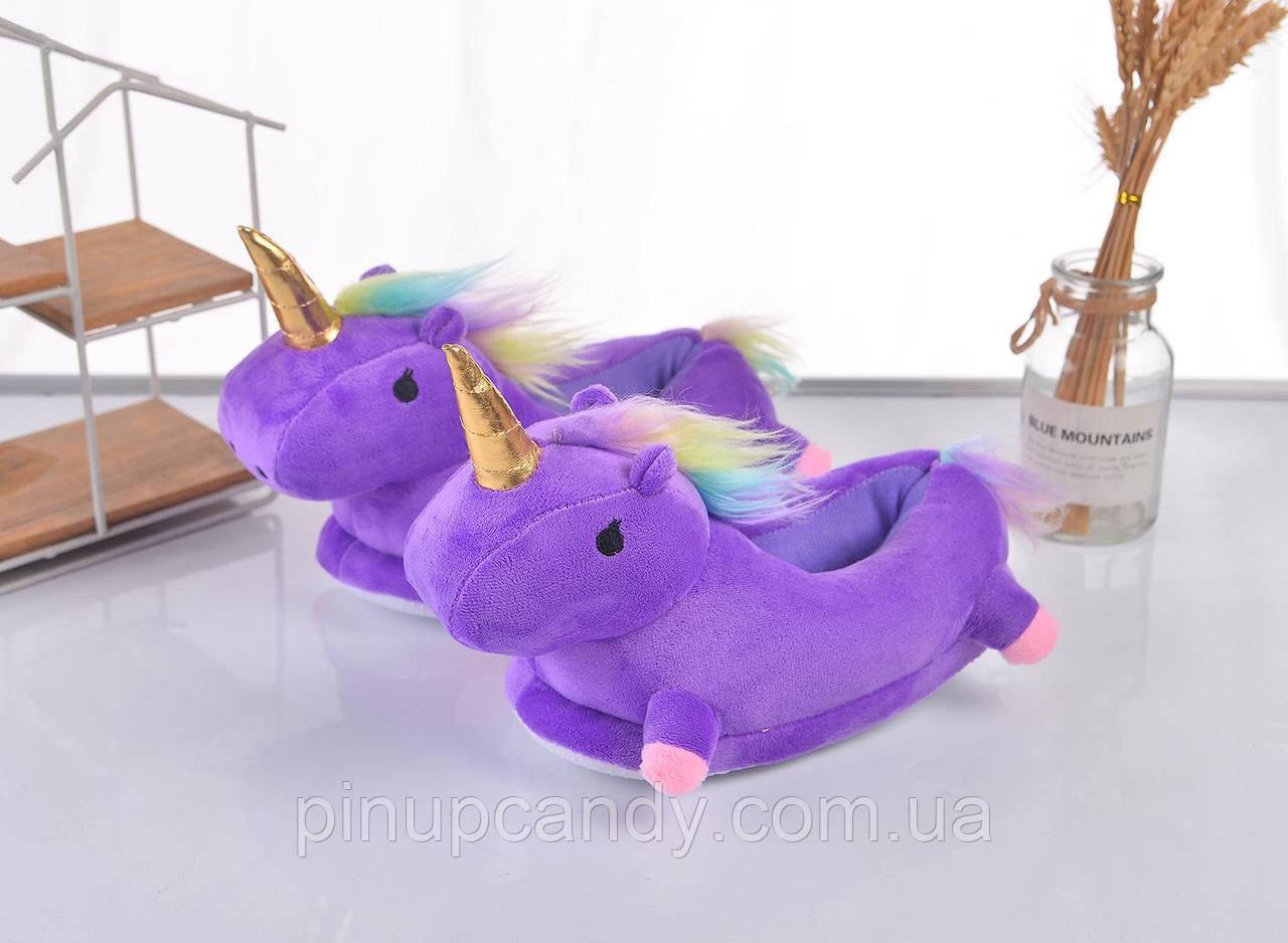 Капці дитячі плюшеві Єдинороги фіолетові 27-34 (22 см), фото 1