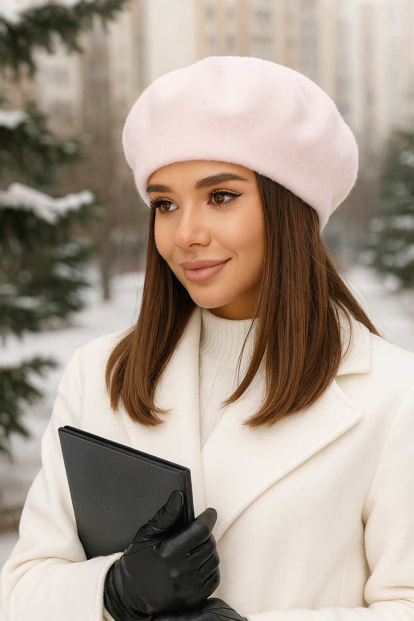 Жіночий шерстяний теплий берет «Крістіна» (5152) світла пудра