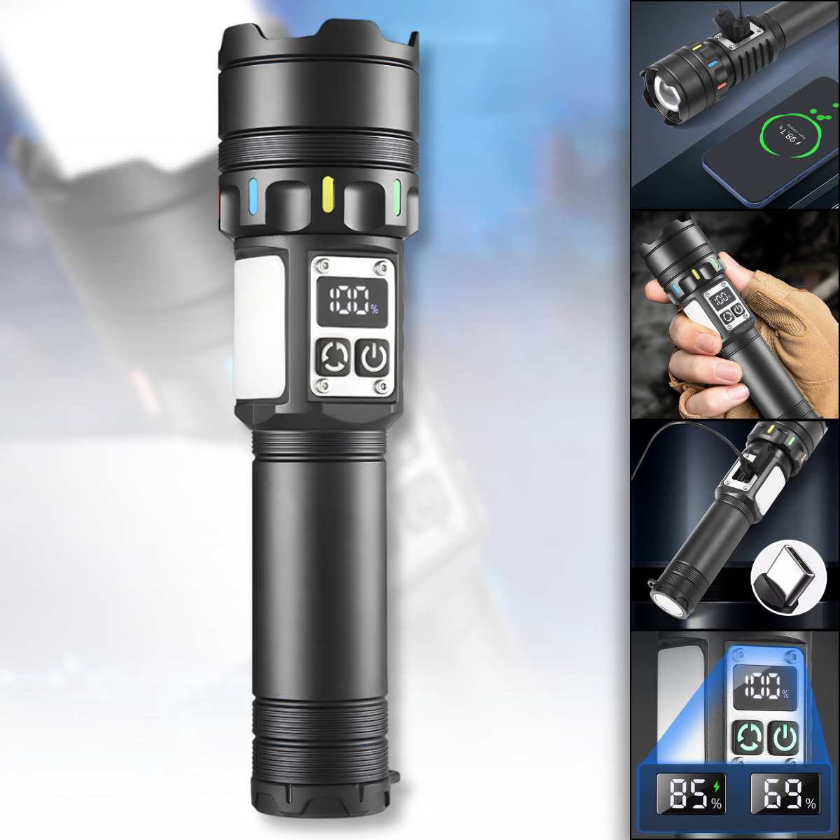 Акумуляторний ручний ліхтар з 9 режимами, зумом і Power Bank CB-A282-TG+COB, фото 1