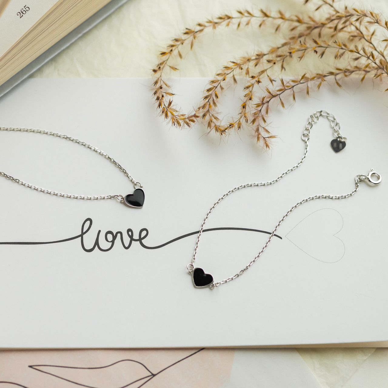 Комплект срібний Сердечки з чорною емаллю браслет та кольє, фото 1