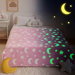 Дитячий плед, що світиться в темряві, 180х150см, Місяць з зірками / Плед покривало / Плед зі зірками, що світяться
