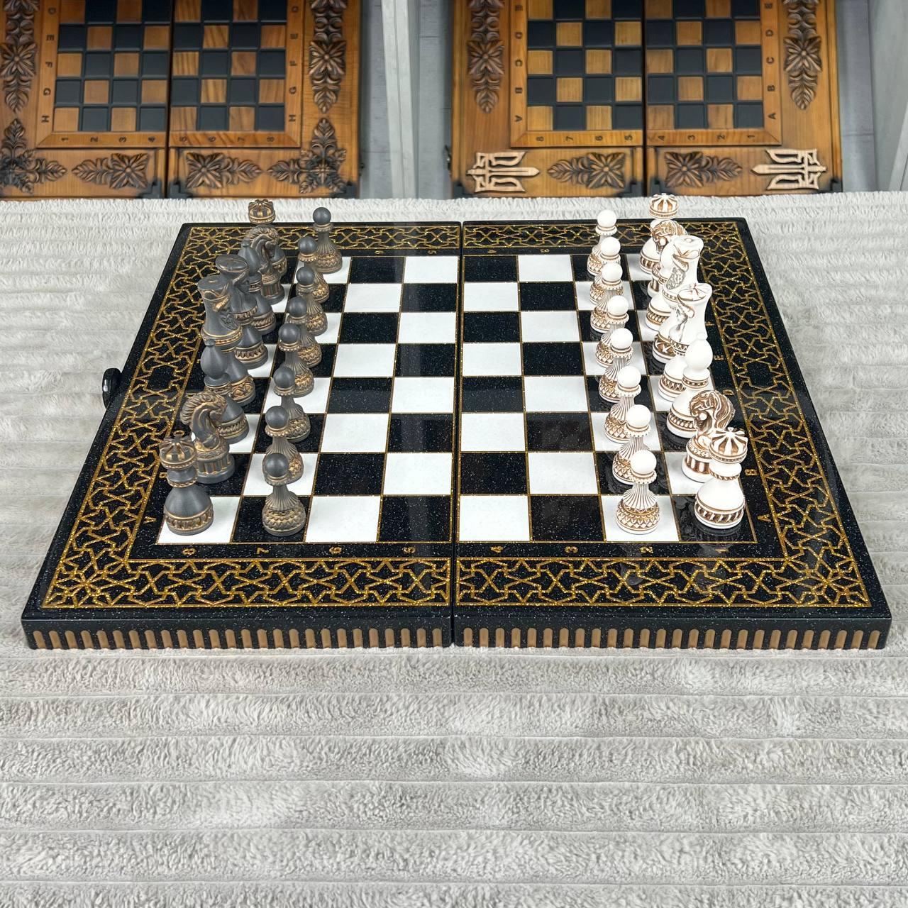 Шахи з каменю з текстурою чорного мармуру 55х28см преміум, фото 1