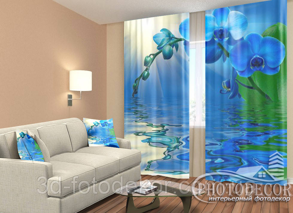 3D Фото Штори "Блакитна орхідея" 2,5м*2,6м (2 полотна по 1,30м), тасьма, фото 1