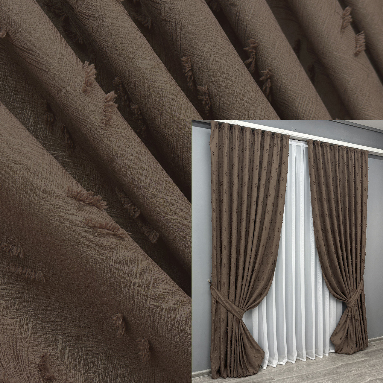 Комплект штор (2шт. 1,5х2,9м.) Льон Букле. Колір коричневий. Код 1891ш 33-0926, фото 1
