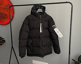 Чоловічий пуховик Stone Island чорний з капюшоном зимова куртка Стон Айленд тепла