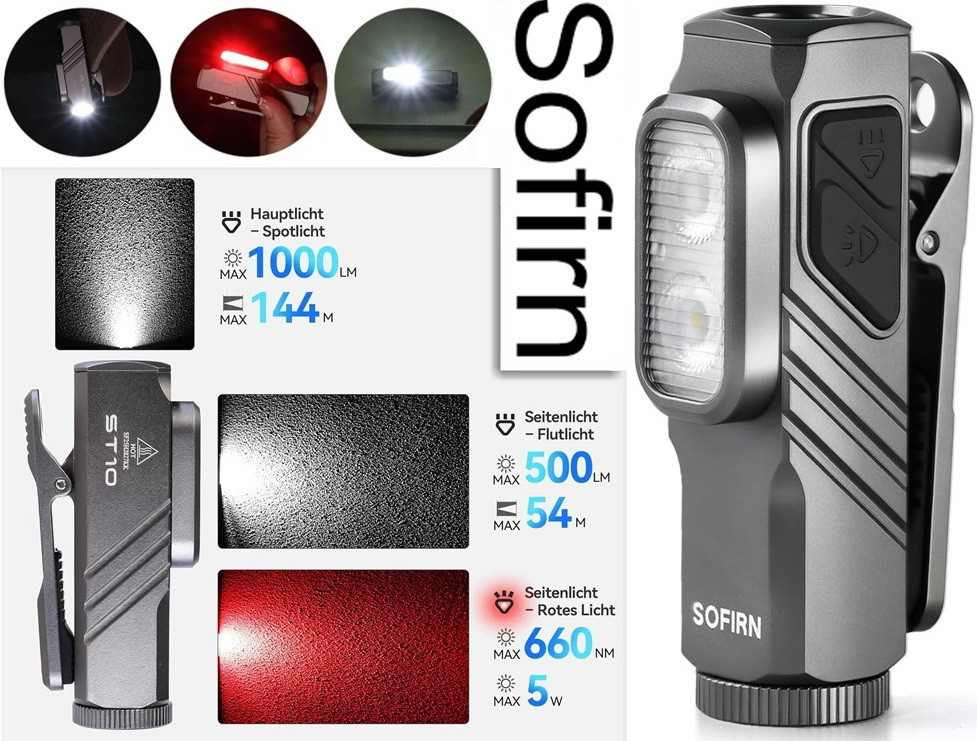 EDC Мульти Ліхтар SOFIRN ST10 з Червоним світлом, Магнітом та Кліпсою (1000Lm, Red LED, 14500 AA 900mAh USB-C, IPX6, 144 метри), фото 1