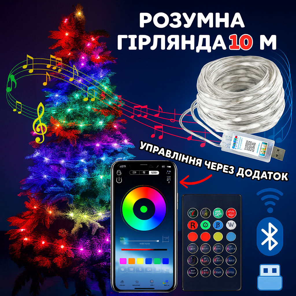 Світлодіодна RGB 10 м гірлянда на ялинку або новорічного декору в будинку або на вулицю водонепроникна IP65 з керуванням SMART, фото 1