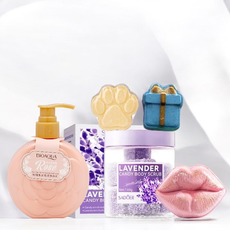 Доголядовий набір для тіла (скраб, крем, бомбочки для вани) в подарунковому пакеті, фото 1