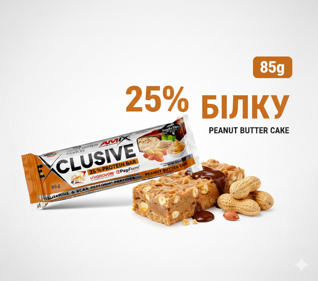 Батончики протеїнові Amix Exclusive Protein Bar 85g (12 батончиків) peanut butter cake