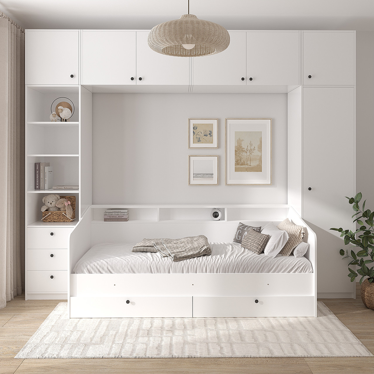 Стінка з ліжком в дитячу кімнату: Шафи, Ліжко 200х90, Навісні антресолі  Білий, фото 1