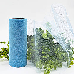 Фатин у рулонах з напиленням / колір блакитний + блакитні блискітки / ширина 14 см / у рулоні 9 метрів