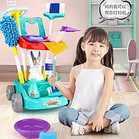Дитячий набір для прибирання на візочку, щітки, відро, совок, швабра