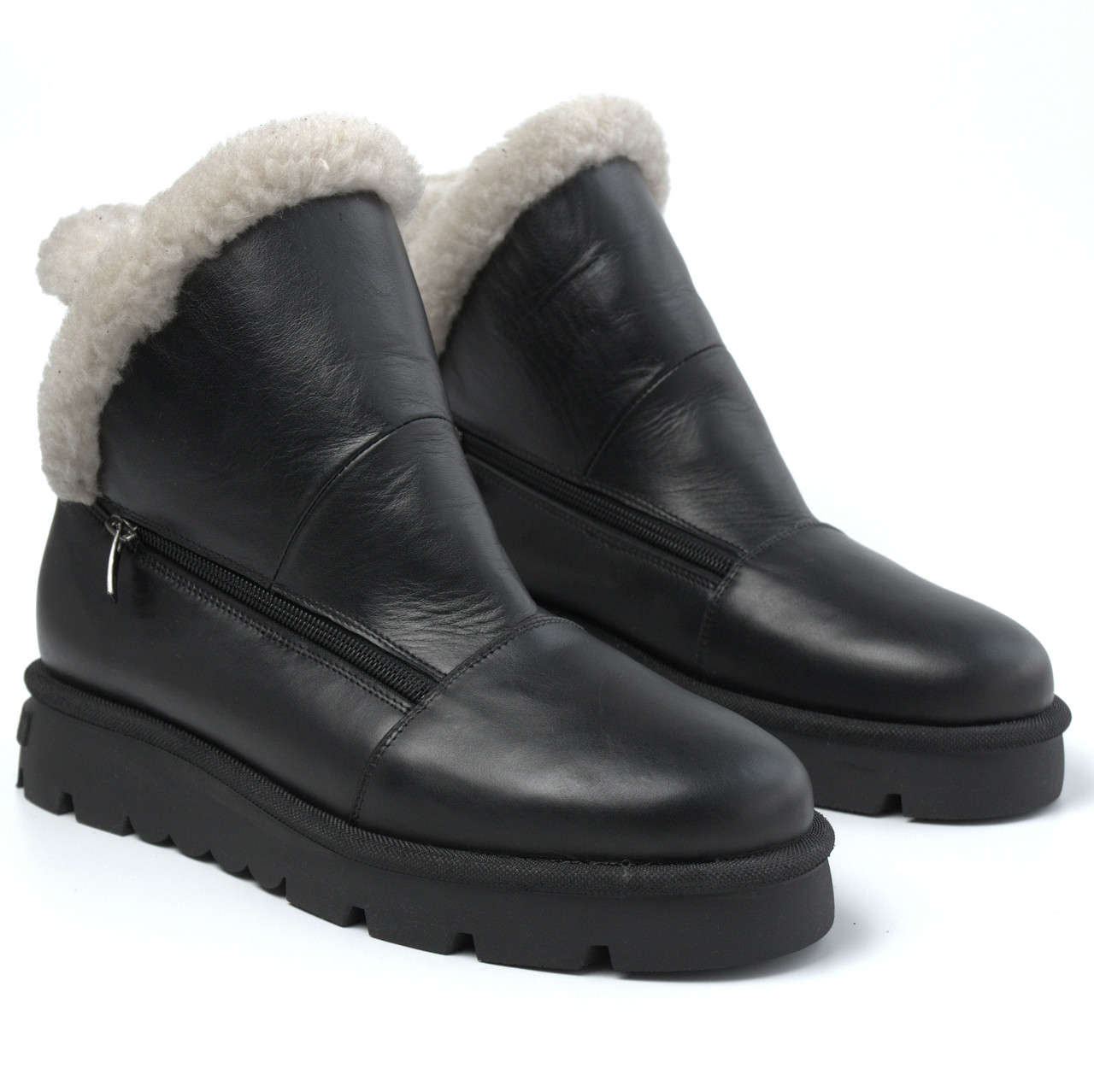 Жіноче взуття великих розмірів 40 41 42 43 44 шкіряні уги на двох застібках зимові черевички з хутром Agnes Leather Black BS, фото 1