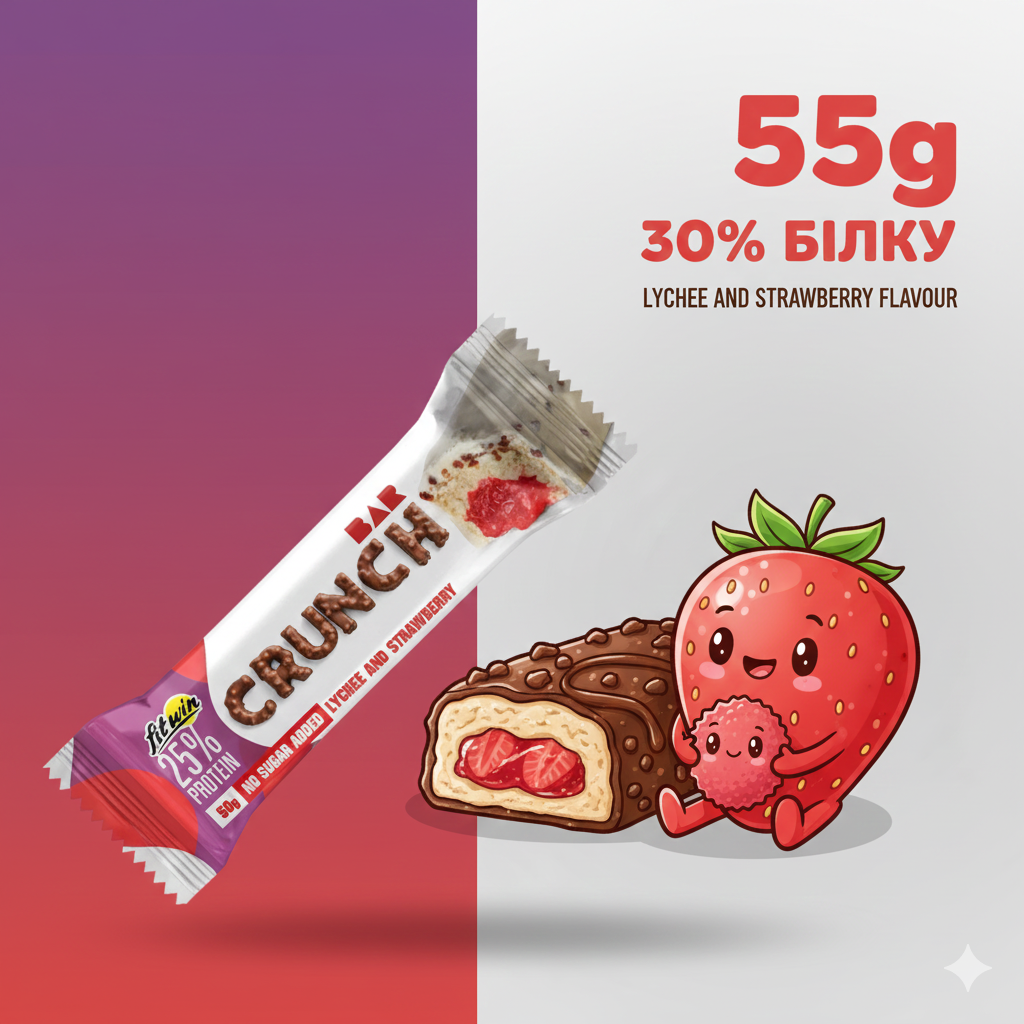Батончик FitWin Crunch Bar 25%, 50 грам - Лічі-полуниця