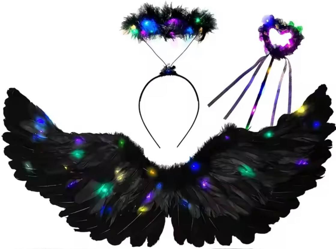 Комплект чорні крила з німбом і паличкою з підсвіткою, фото 1