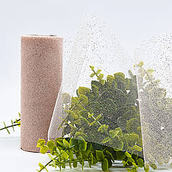 Фатин у рулонах з напиленням / колір рожевий фрез + срібні блискітки / ширина 14 см / у рулоні 9 метрів