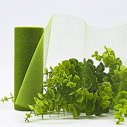 Фатин у рулонах з напиленням / колір зелений + золоті блискітки / ширина 14 см / у рулоні 9 метрів