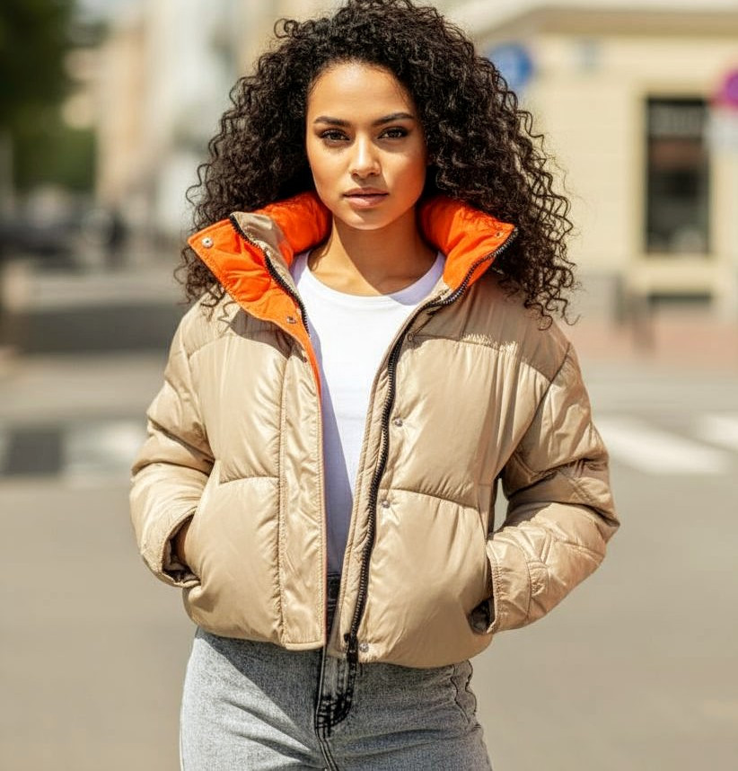 Куртка пуффер бежева коротка жіноча, фото 1