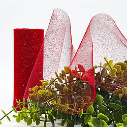 Фатин у рулонах з напиленням / колір червоний + червоні блискітки / ширина 14 см / у рулоні 9 метрів