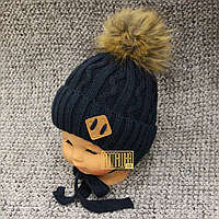 46-52 1-3 роки в'язана зимова шапка для хлопчиків на флісі з хутряним помпоном 4652 Синя