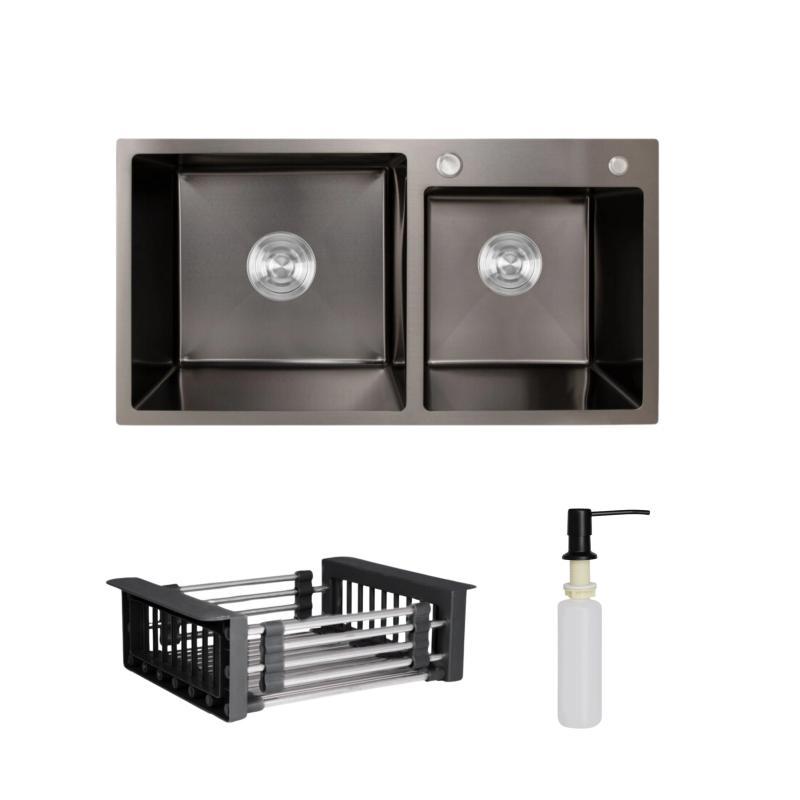 Комплект Lidz Handmade H7843 Мийка для кухні з двома чашами інтегрована BlackPVD у комплекті з дозатором +, фото 1