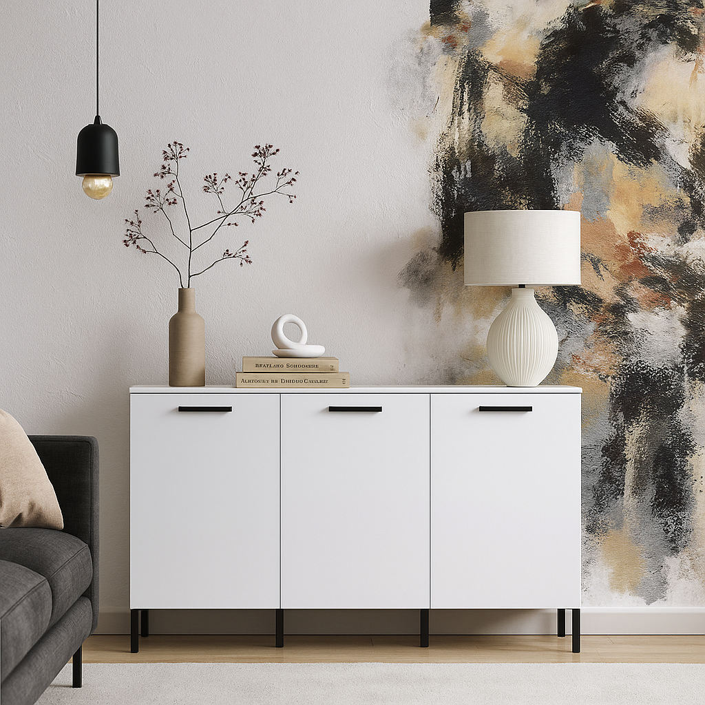 Стильний комод 3D 155 см з полицями та дверцятами на ніжках сучасний у вітальню зал Santes VMV Holding білий + дуб крафт золотий