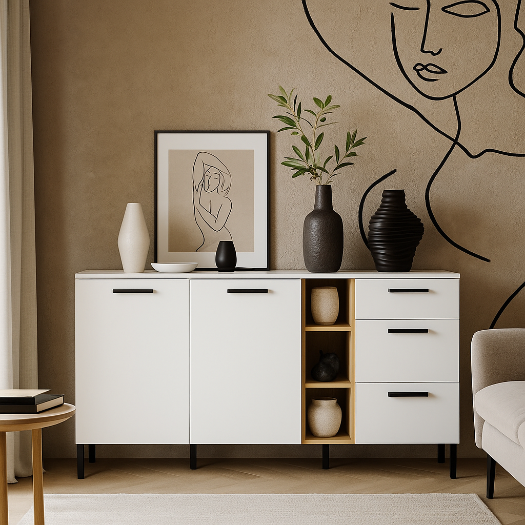 Сучасний довгий комод 2D3S 180 см з шухлядами та дверцятами на ніжках у вітальню зал Santes VMV Holding білий + дуб крафт золотий