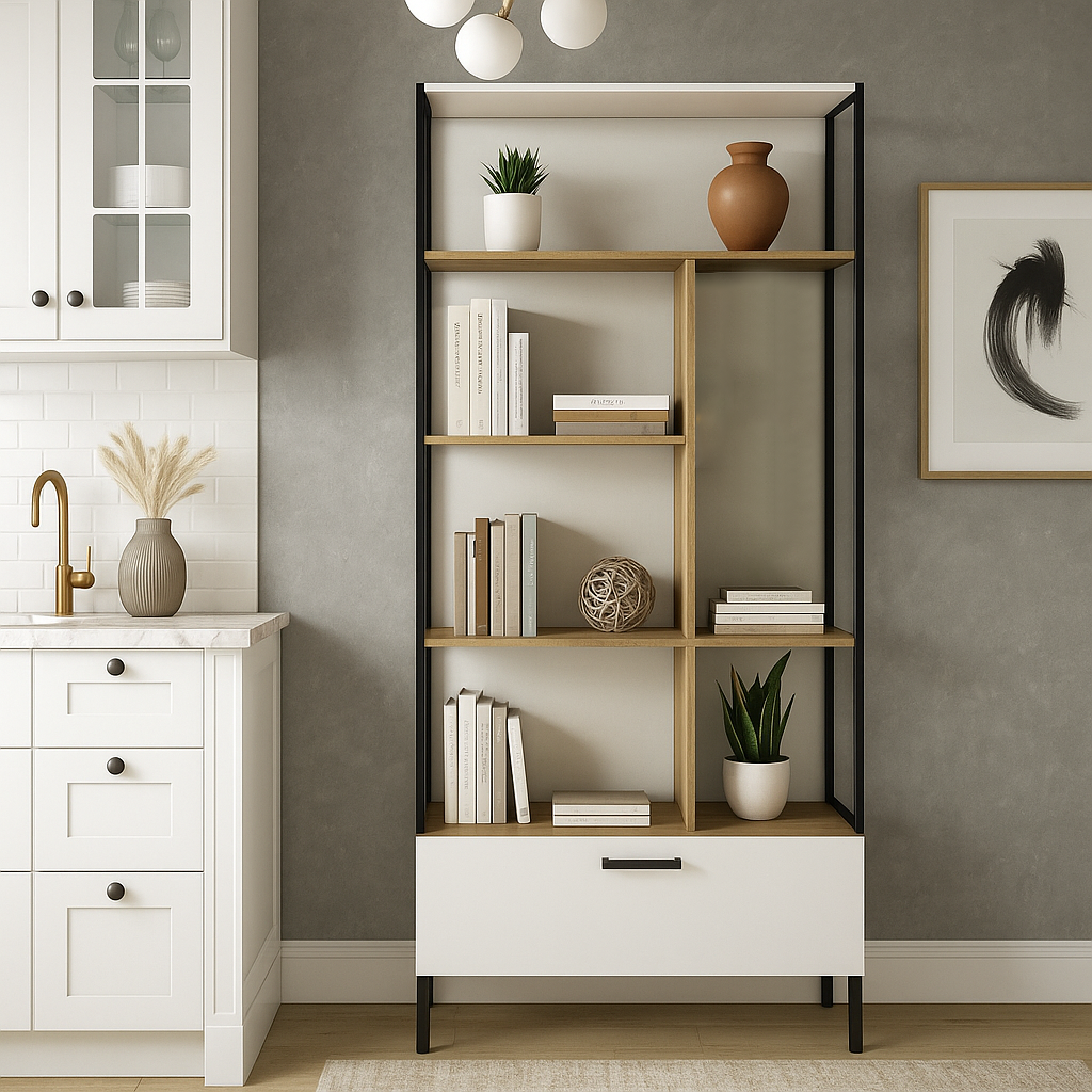 Відкритий стелаж 1S 90 см для книг лофт з шухлядою на ніжках у кімнату вітальню ЛДСП Santes VMV Holding білий + дуб крафт золотий