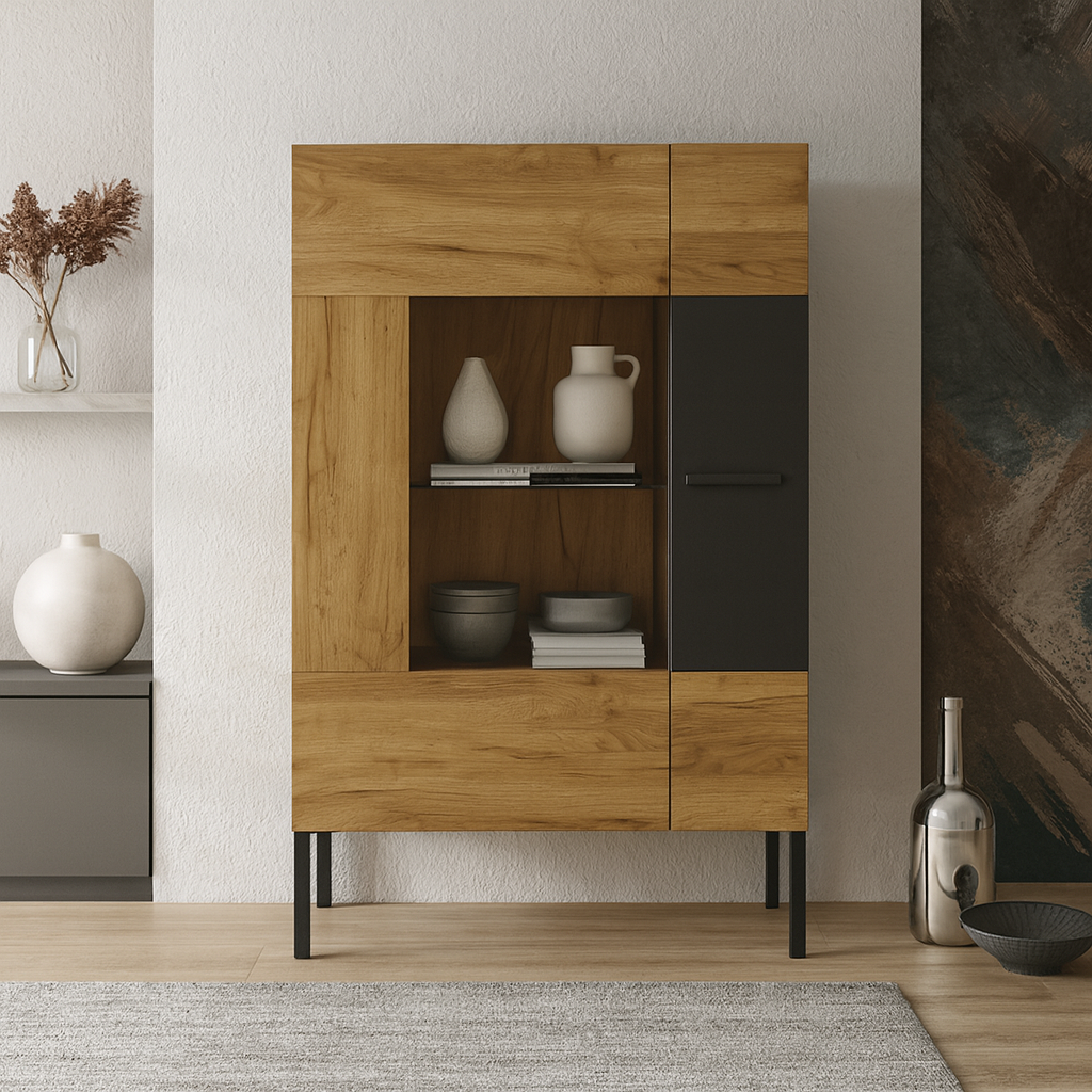 Сучасна вітрина низька 1W1D скляна для посуду в стилі лофт у вітальню Santes VMV Holding дуб крафт золотий + антрацит