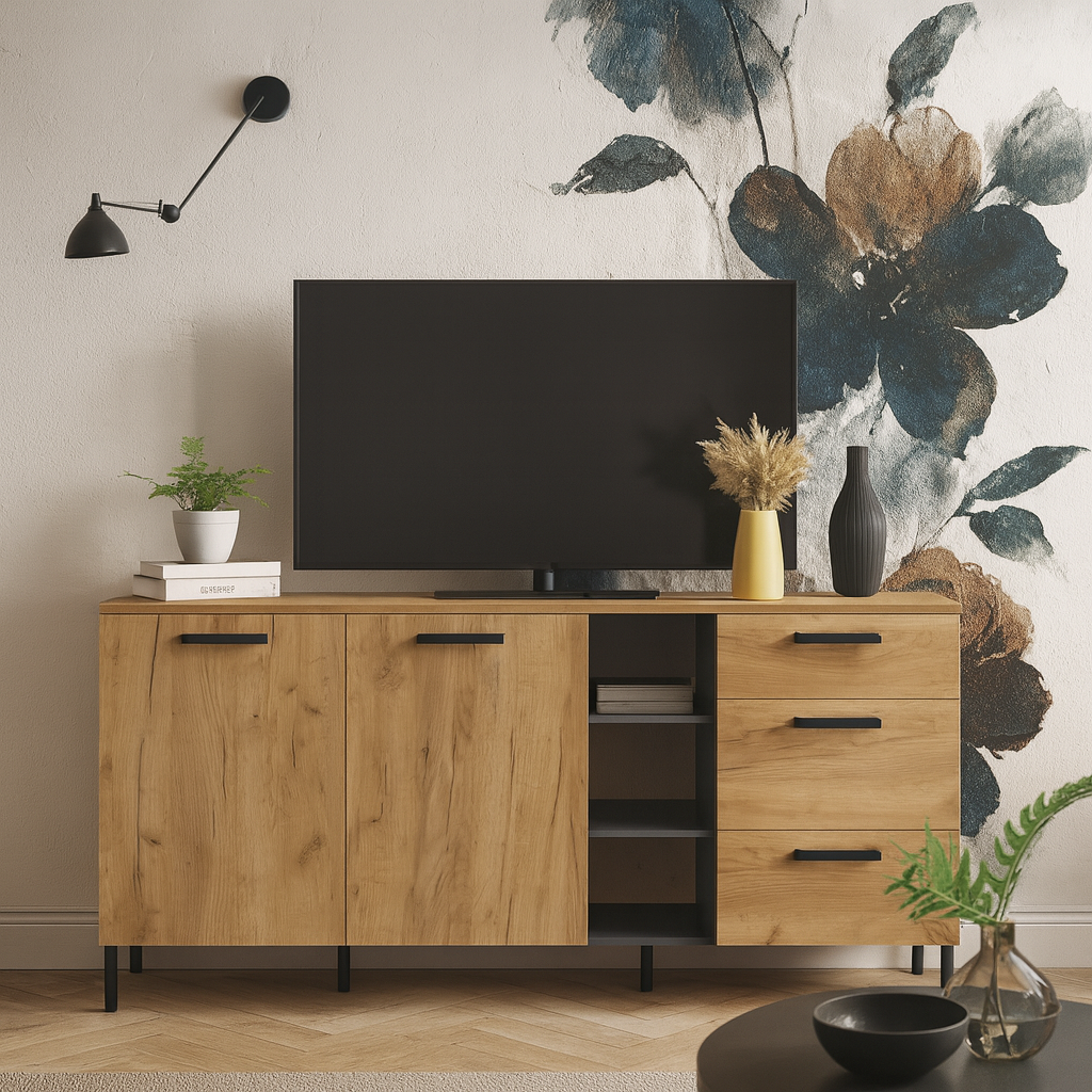 Стильний комод 2D3S лофт довгий 180 з дверцятами та шухлядами на ніжках у вітальню Santes VMV Holding дуб крафт золотий + антрацит