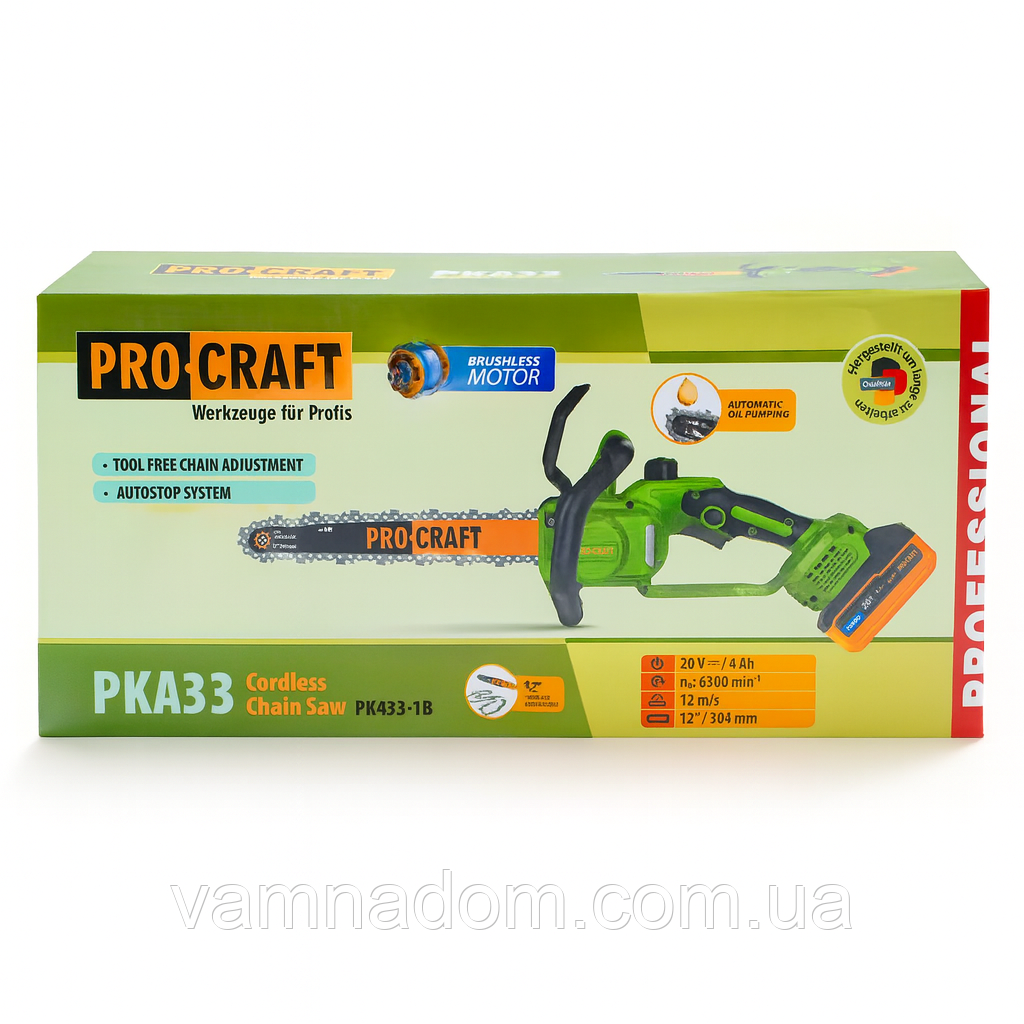 Акумуляторна пила Procraft PKA33 (1 Акумулятор Turbo 20 В, 4 А/год та зарядне), фото 1