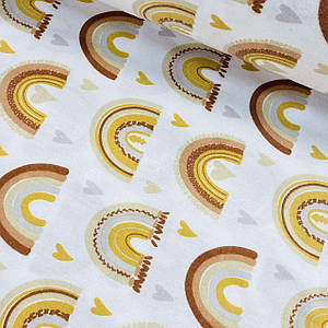 ОТРЕЗ (0,9*2,4 м) Фланелева тканина, коричневі веселками з сердечками на білому (шир. 2,4 м) (FL-FR-0218)
