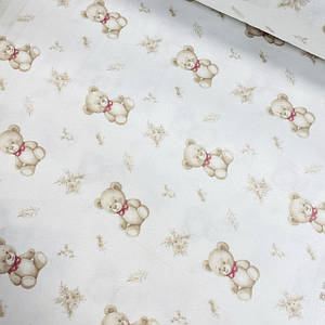 ОТРЕЗ (0,85*2,4 м) Фланелева тканина, бежеві відмедики з рожевими бантиками на білому (шир. 2,4 м) (FL-S-0242)