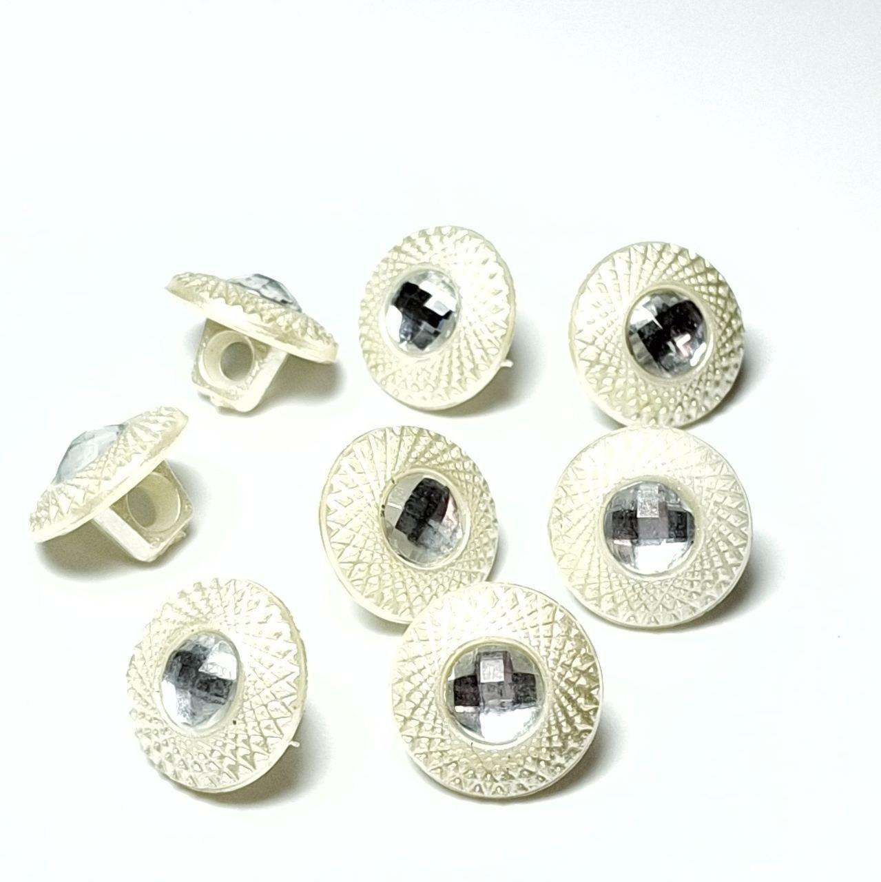 Ґудзик 13мм молочний перламутровий круглий із прозорим блискучим каменем на ніжці, фото 1