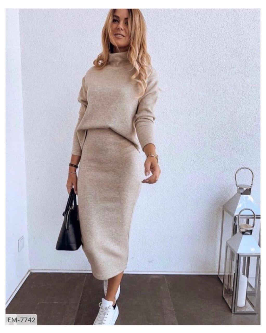 Костюм верх + спідниця (двійка) Ангора софт (в цятку, щільна) Бежевий 54 ромір, фото 1