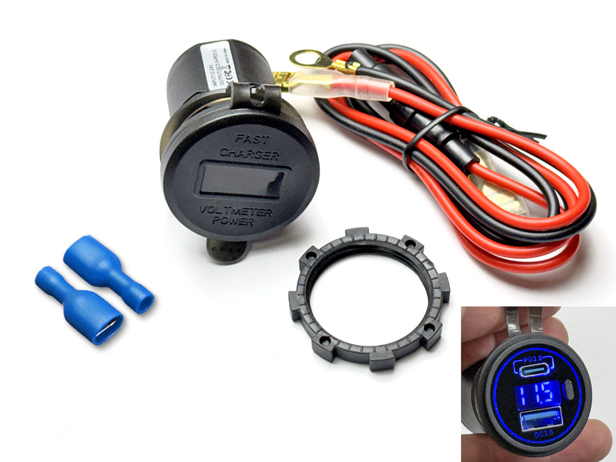 USB розетка UCC-305 автомобільна кругла врізна з вольтметром (12-24В, USB QC 3.0 + TYPE-C PD, синє підсвічування), фото 1