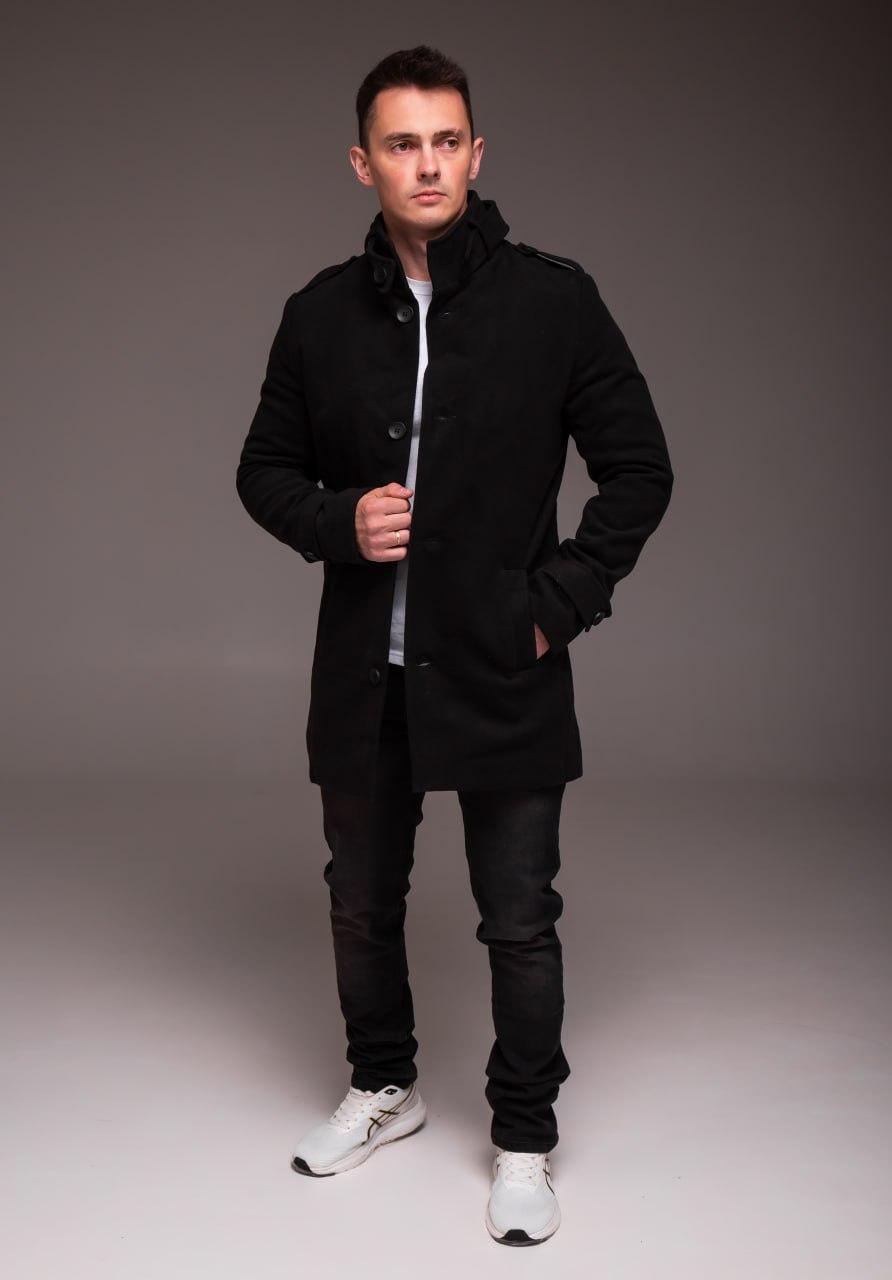 Пальто кашемірове LK колір чорний | Стильне чорне утеплене чоловіче пальто без капюшона, фото 1