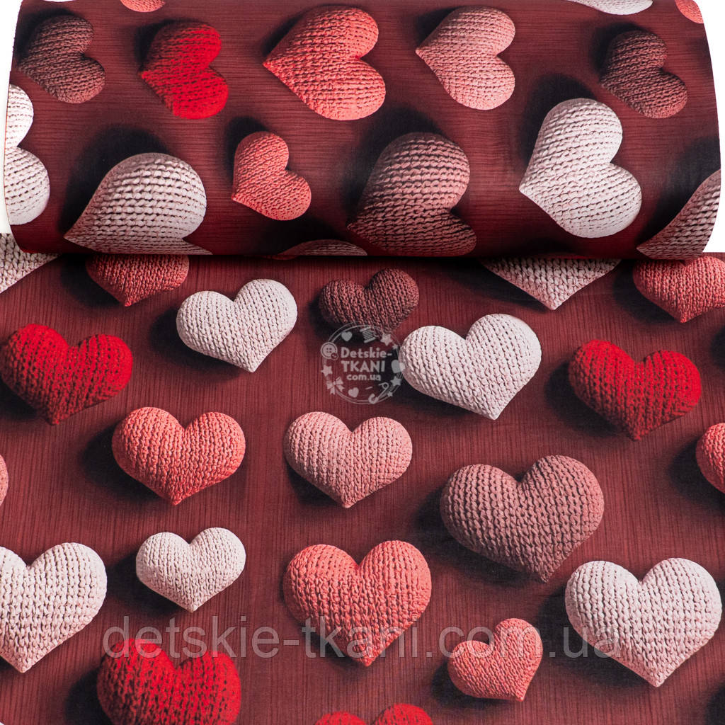 Ранфорс digital з цифровим друком 5D "В'язані сердечка на бордовому тлі", №5854, фото 1