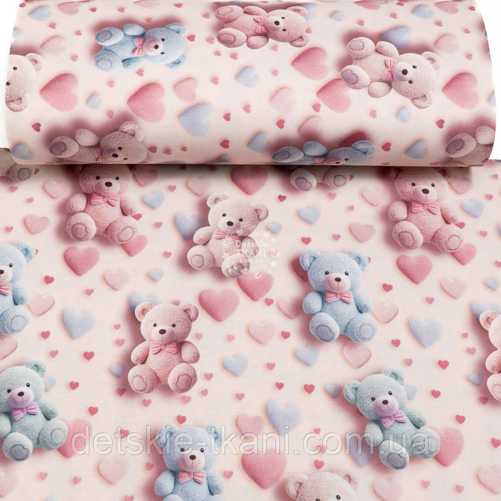 Ранфорс digital з цифровим друком 5D "Рожеві, блакитні та м'ятні ведмедики і сердечка", №5852, фото 1